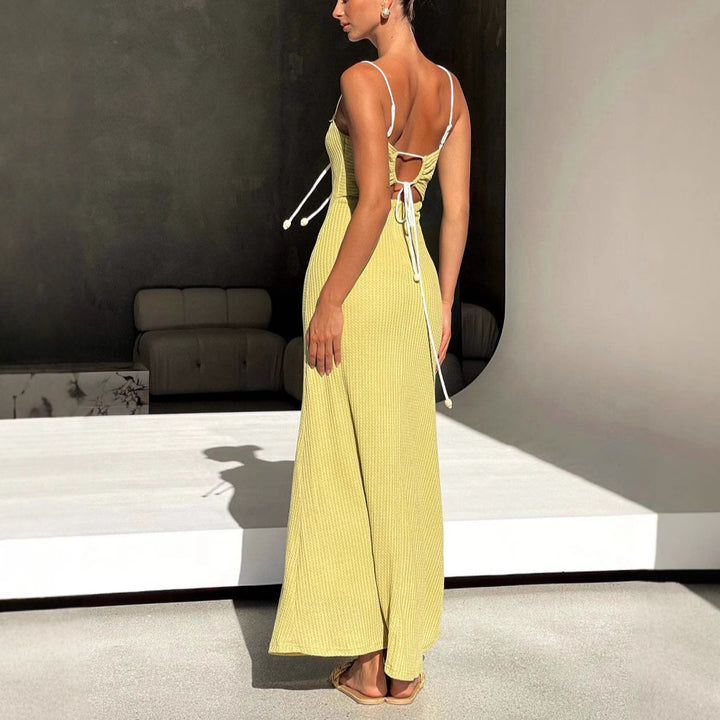 Maxi dress for women with a delicate ribbed design and an adjustable neckline Lune London
