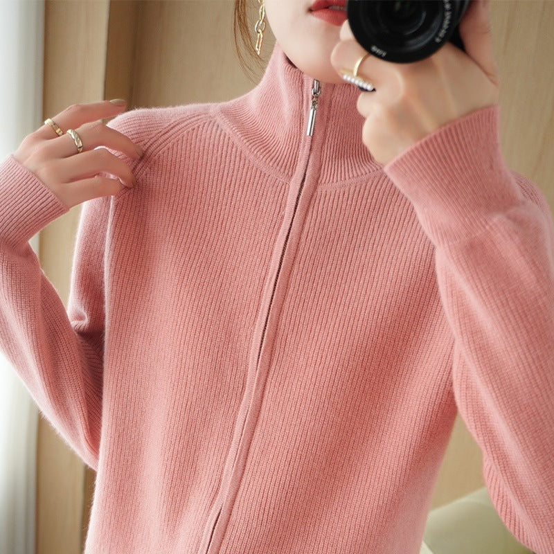 Knitted jacket for women with high collar and full zip Lune London