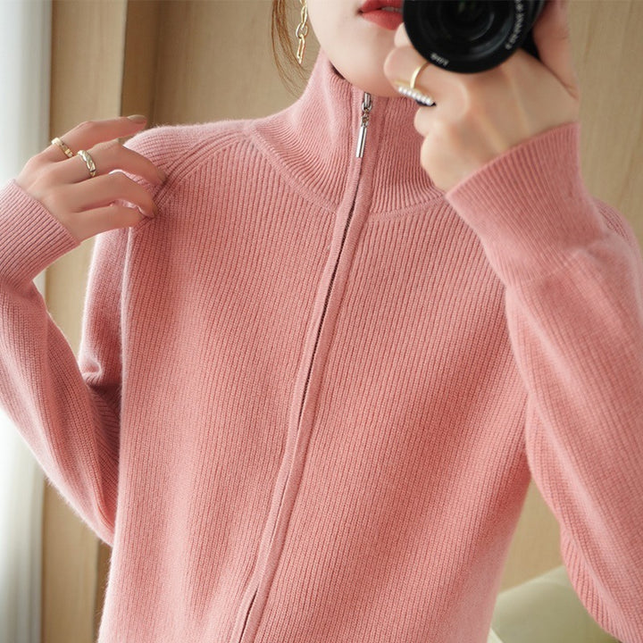 Knitted jacket for women with high collar and full zip Lune London
