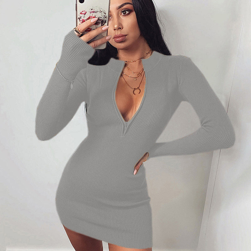 Knit dress for women with deep V neckline and long sleeves Lune London