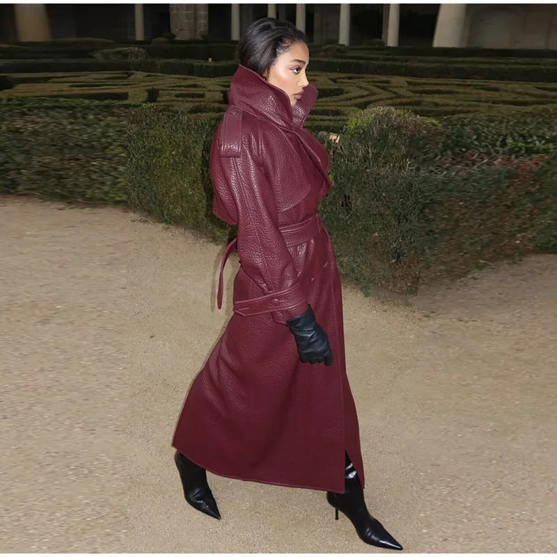 Women's Oversized Faux Leather Trench Coat with High Collar and Removable Belt Lune London