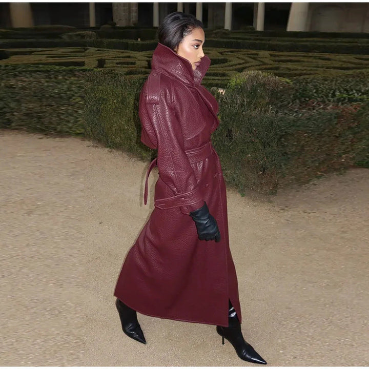 Women's Oversized Faux Leather Trench Coat with High Collar and Removable Belt Lune London