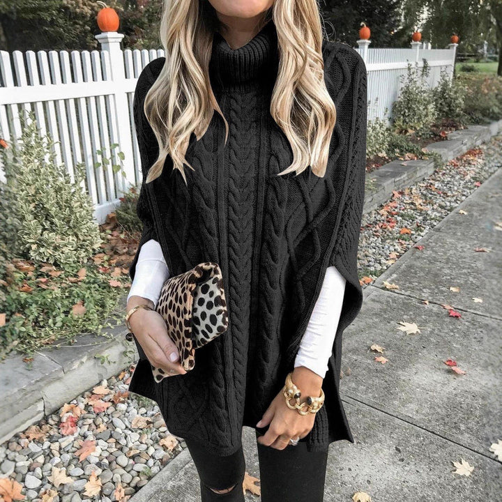 Women's Chunky Knit Poncho with High Collar and Cable Design Chic Und Stil