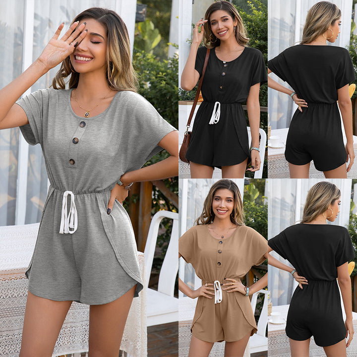 Ladies elegant short jumpsuit with button details and adjustable waist tie Lune London