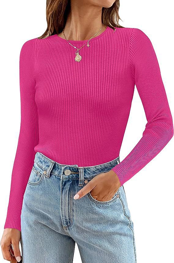 Woman Long Sleeve Ribbed Top with Classic Round Neck and Fitted Cut Lune London