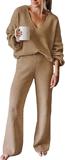 Dames Ensemble tricot confortable avec décolleté en V et jambe large Lune London