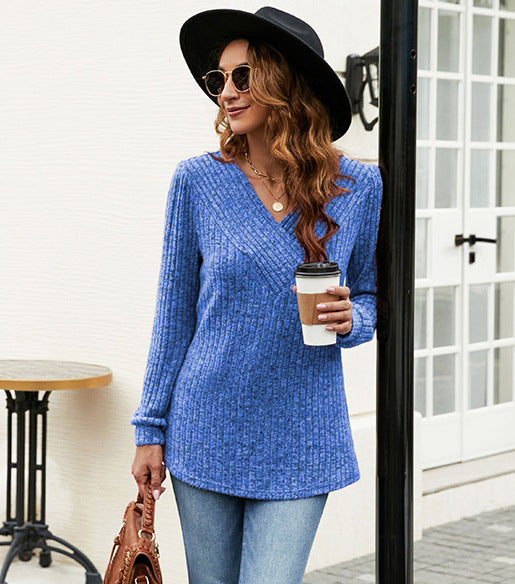 Women V-neck long sleeve ribbed texture sweater with comfortable fit Lune London