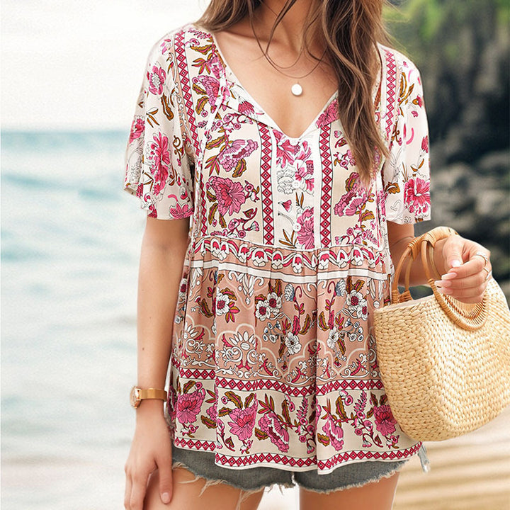 Boho flower tunic top for women with button detail Lune London