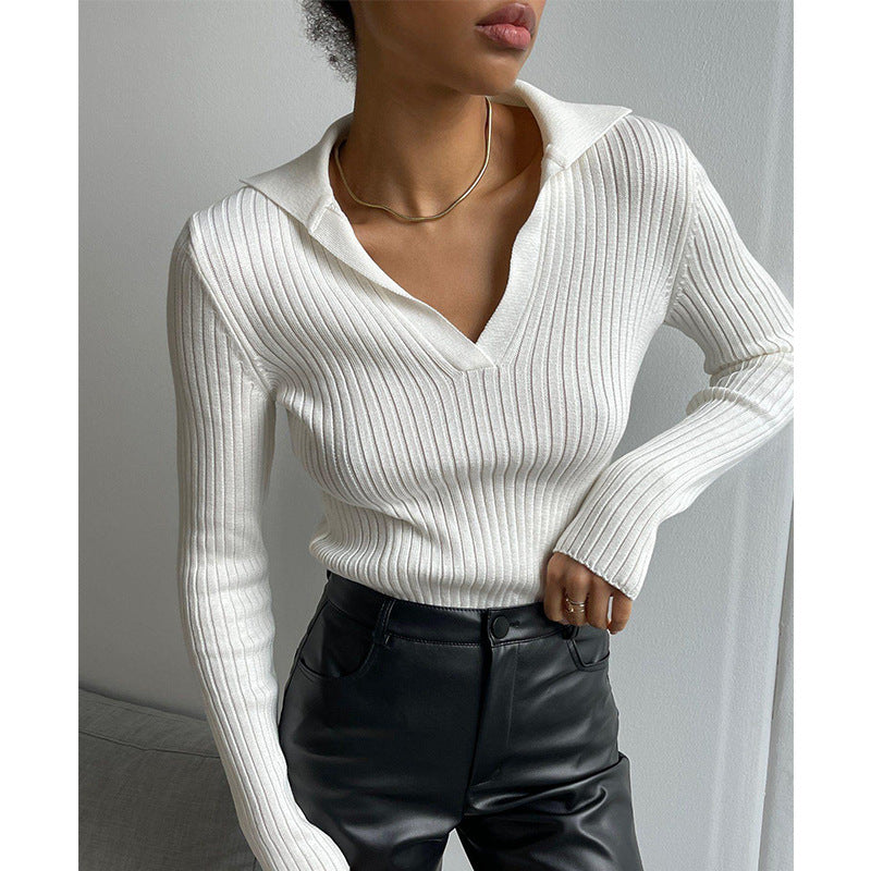 Ladies Elegant Ribbed Sweater with Deep V Neck Lune London