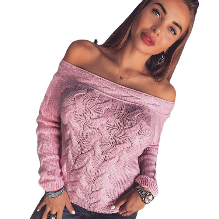 Women's knit sweater with modern cable pattern and chic décolleté silhouette
