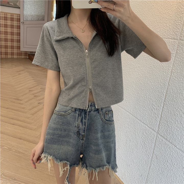 Women Cropped Polo Shirt with Zipper and Textured Finish Lune London