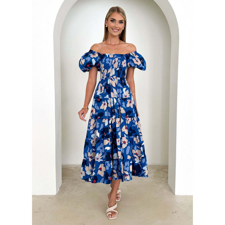 Maxi dress with off-shoulder flowers Lune London