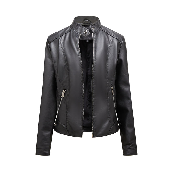 Faux leather jacket for women with elegant high collar and practical zippered pockets Lune London