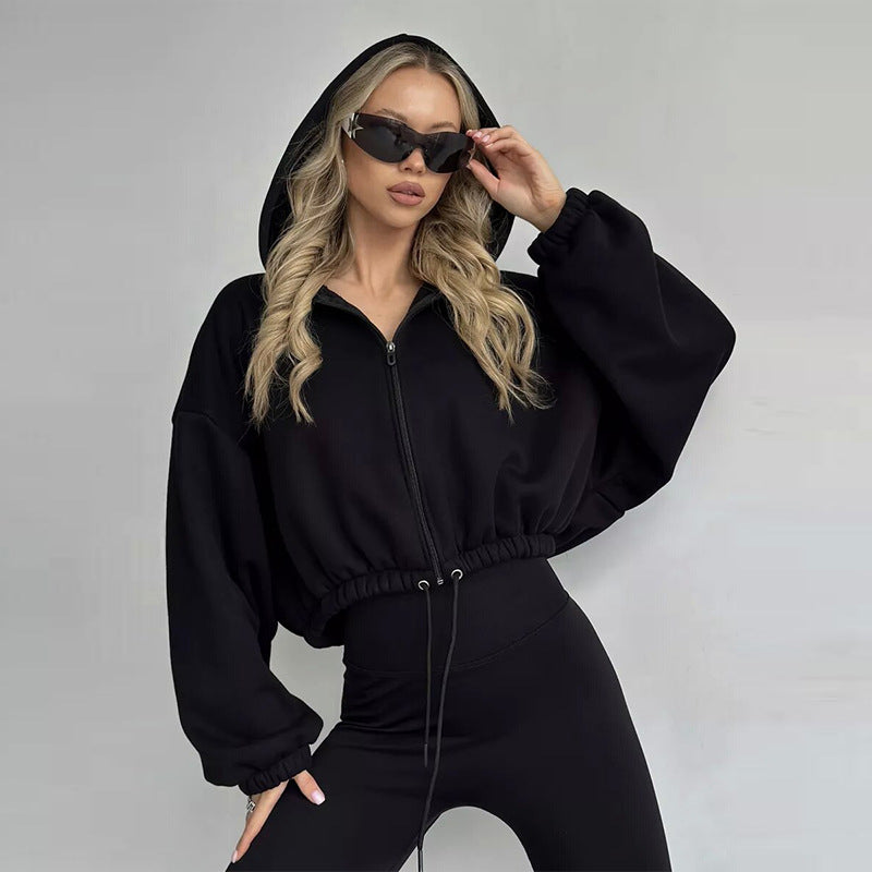 Ladies Cropped Hoodie made of soft sweat fabric with elastic waistband and zipper Chic & Stil