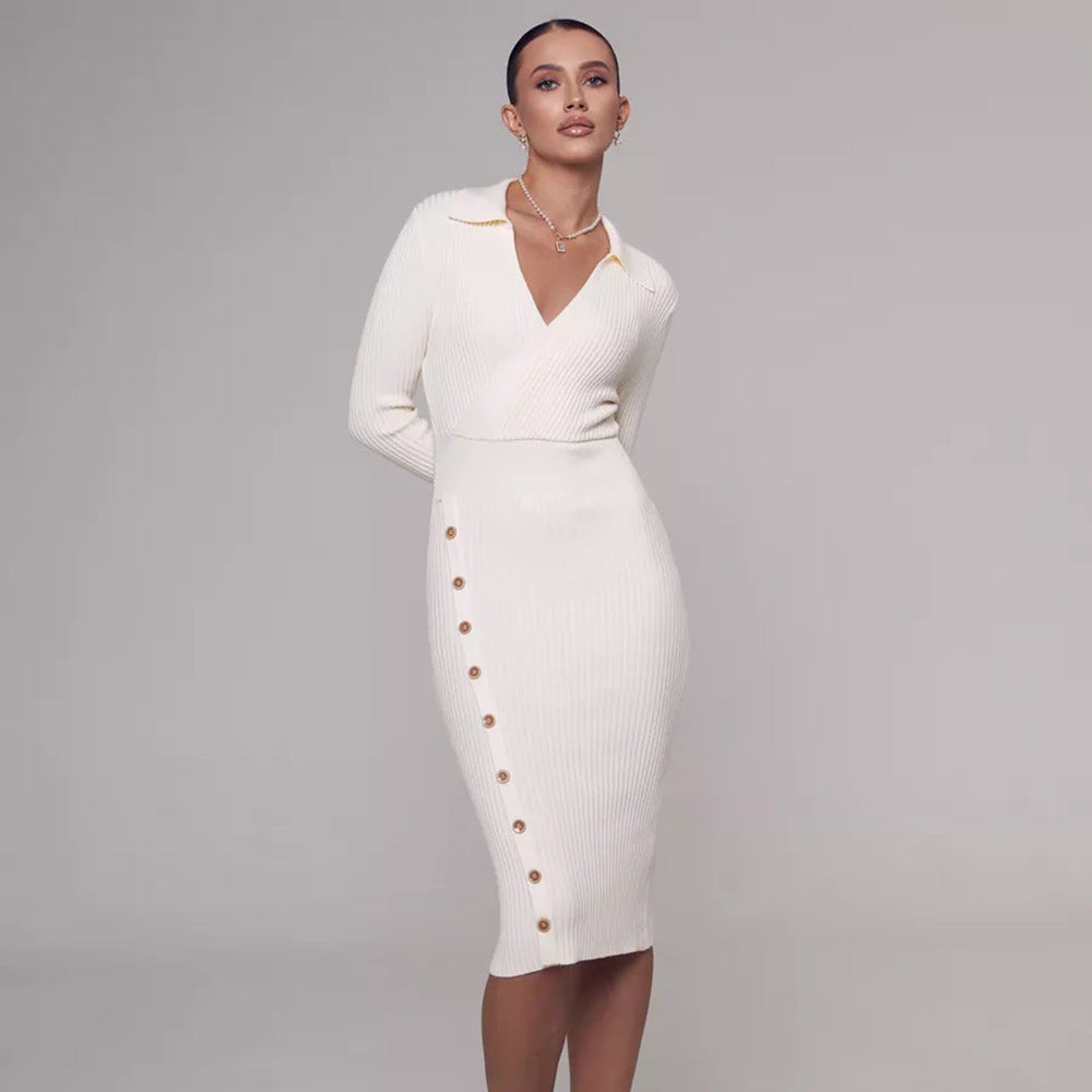 Knit dress for women with feminine button placket Lune London