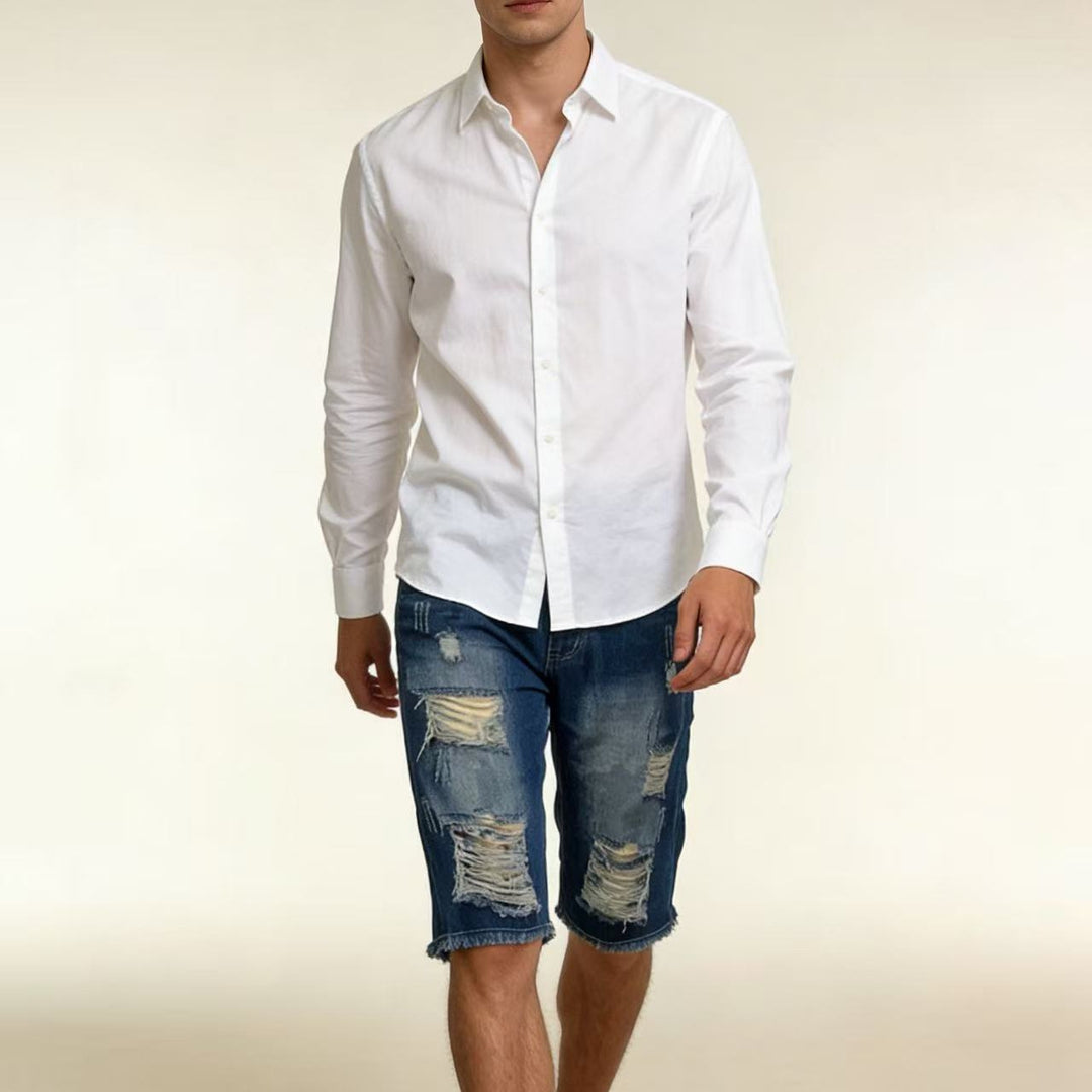 Men's casual destroyed denim shorts with frayed hems and wide legs Lune London
