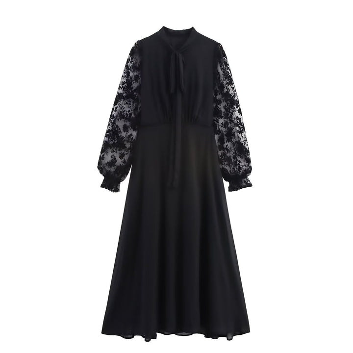 Maxi dress for women with floral lace top and elegant tie belt Lune London