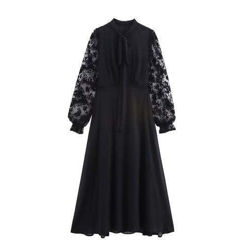 Maxi dress for women with floral lace top and elegant tie belt Lune London