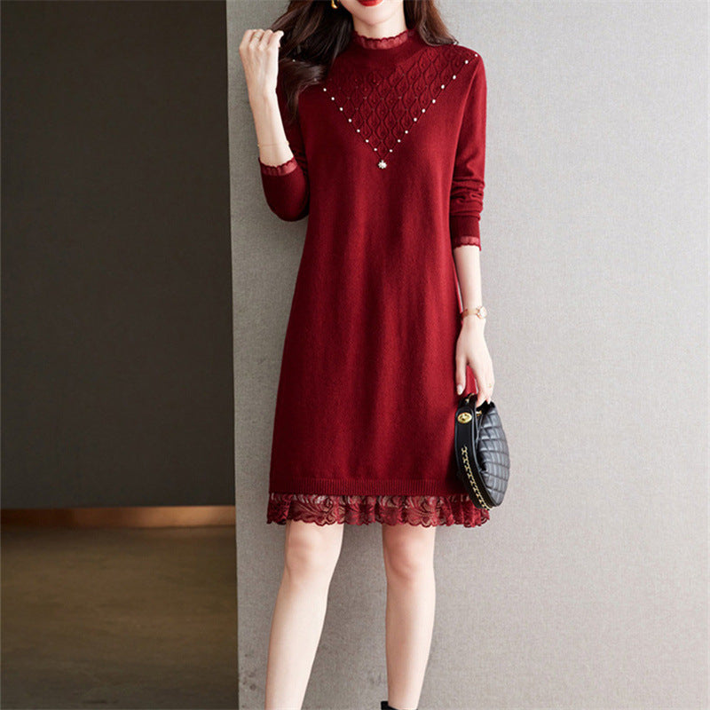 Knit dress for ladies with high collar and lace finish Lune London