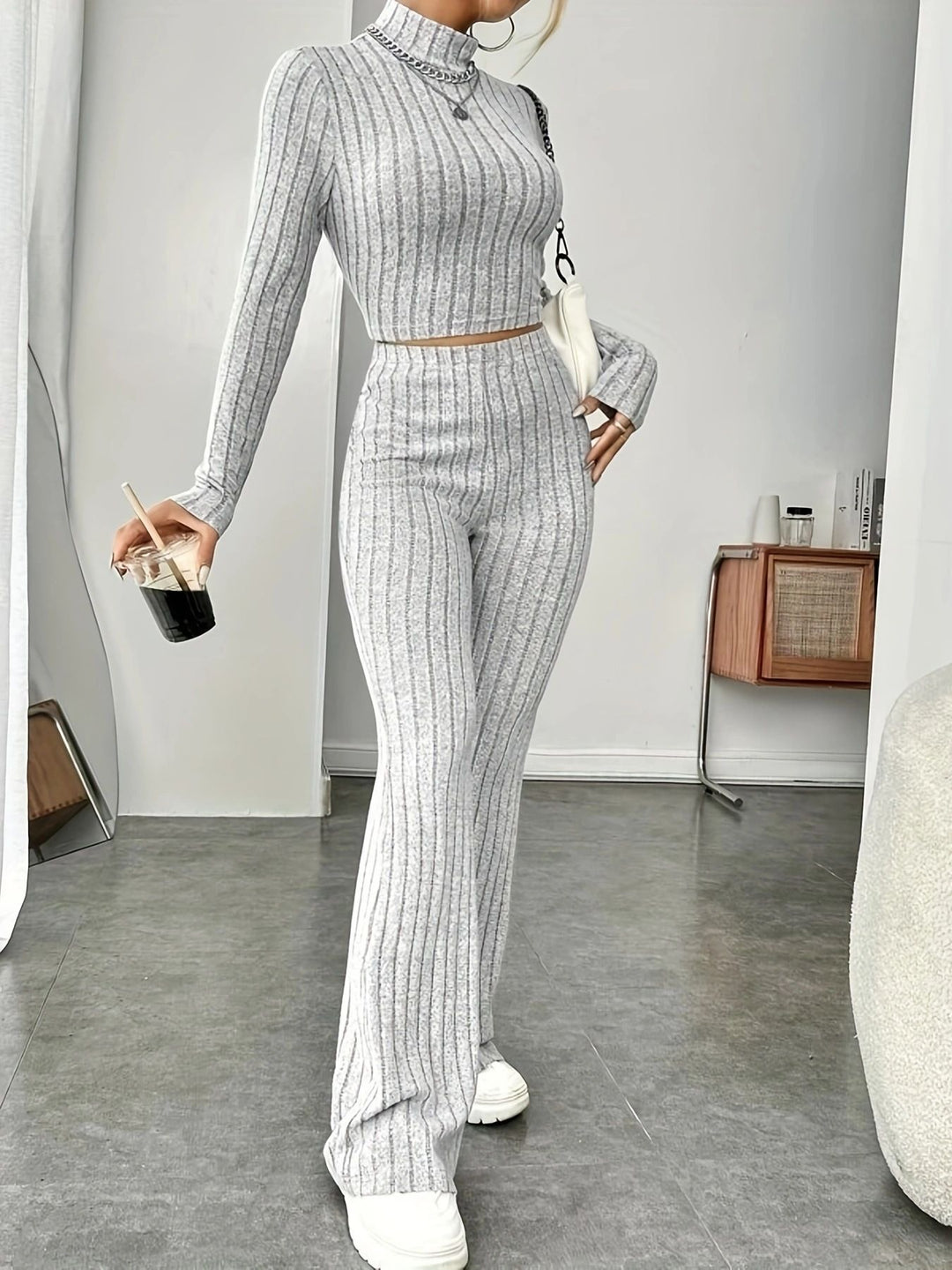 Women Stylish Ribbed Knit Set with 3/4 Sleeves and High Waist Lune London