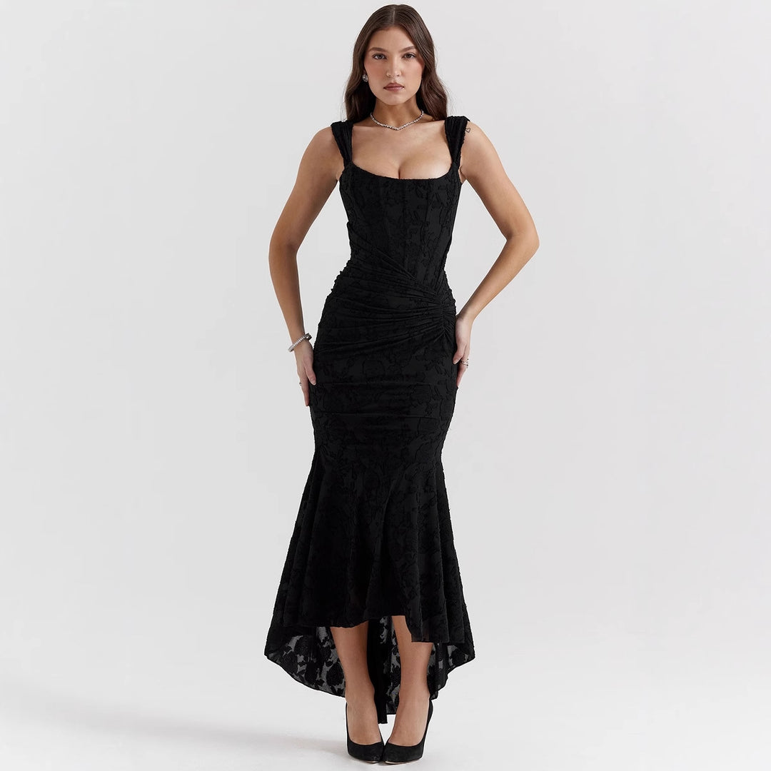 Elegant Boat Neck Maxi Dress for Women with Floral Texture and Chic Asymmetric Hem