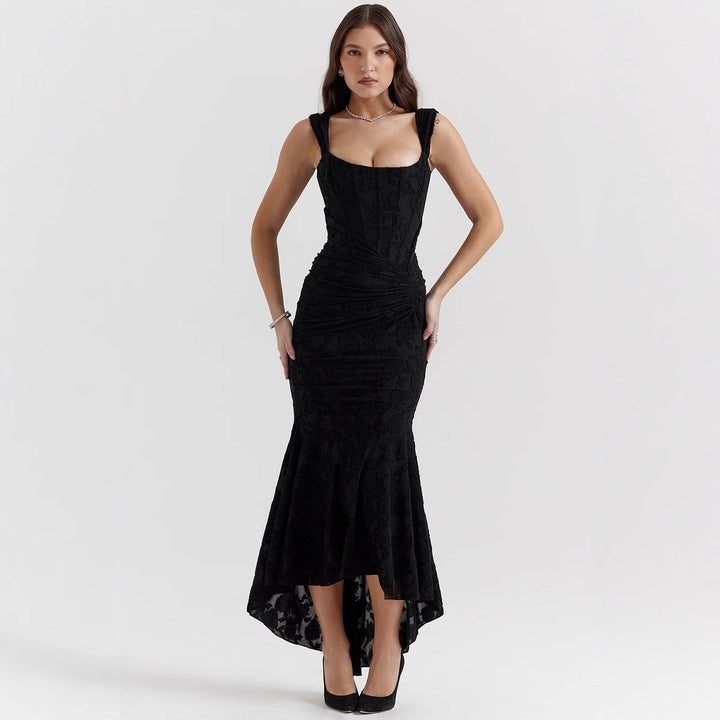 Elegant Boat Neck Maxi Dress for Women with Floral Texture and Chic Asymmetric Hem