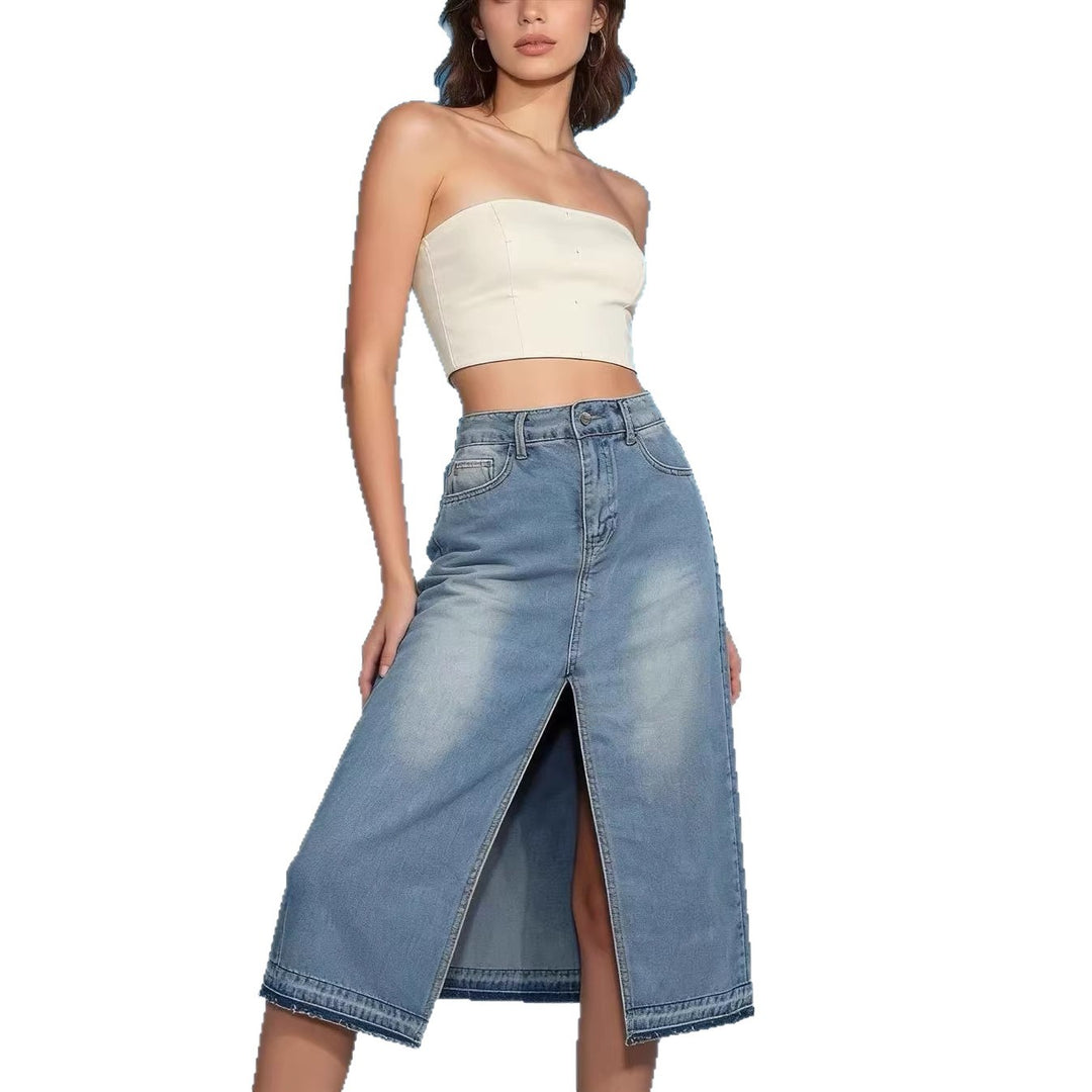 Women's Midi Denim Skirt with High Slit and Fringed Hem Lune London