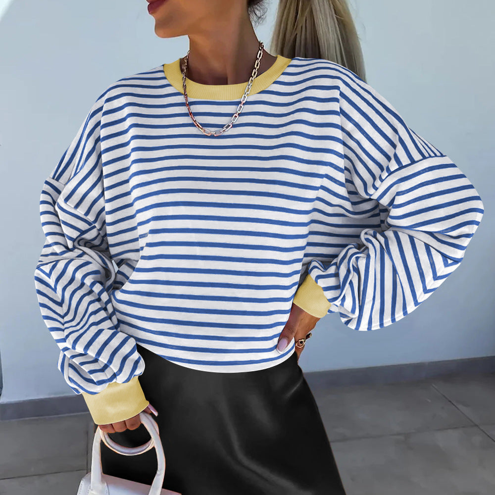 Women's Casual Striped Sweatshirt with Boxy Cut and Contrasting Finishes Lune London