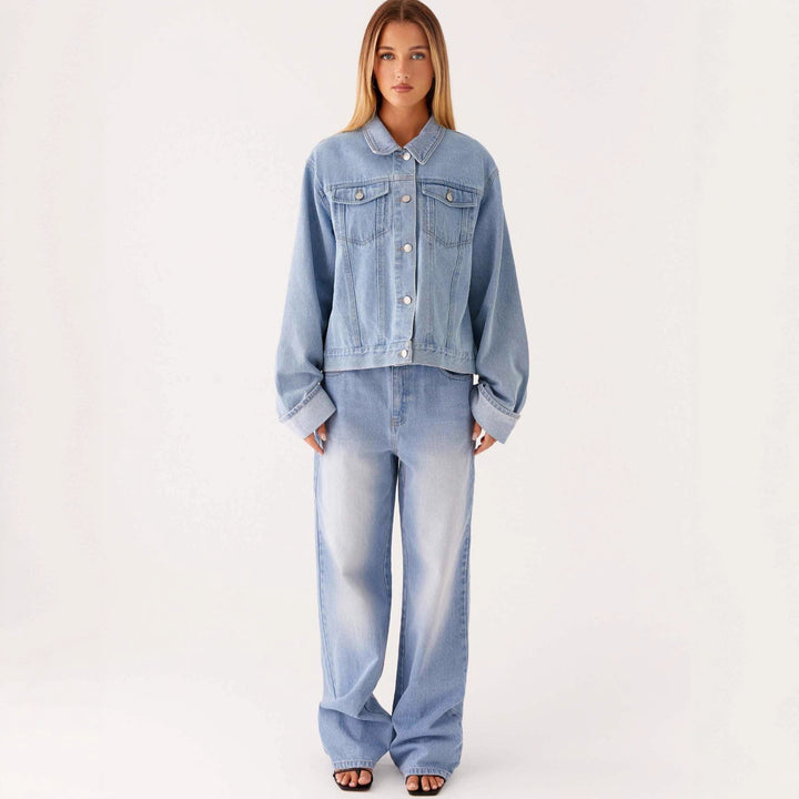 Women trendy denim jacket in casual cut with patch pockets and button details Lune London