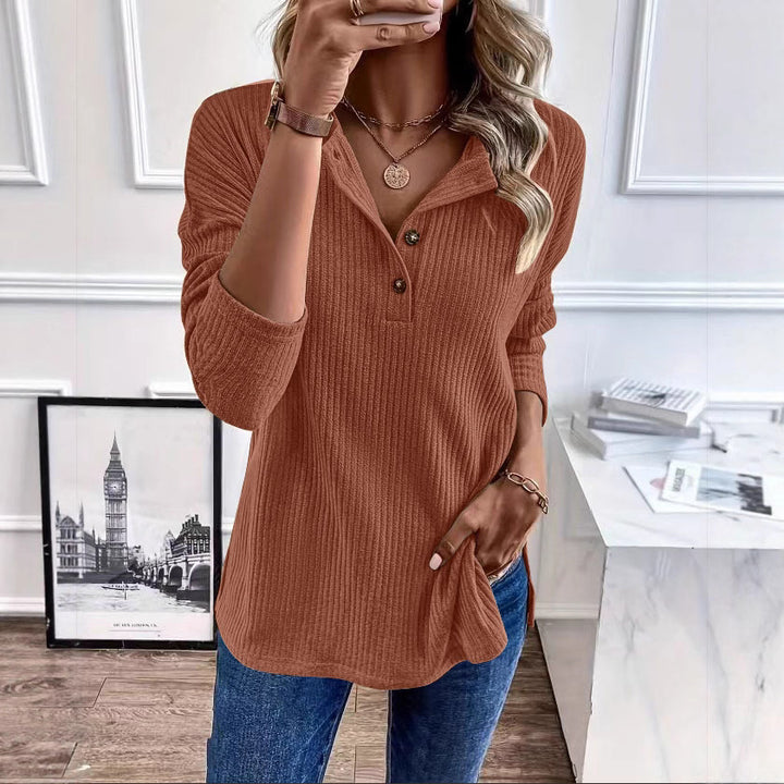 Lune London women's ribbed leisure sweater with button placket and 3/4 sleeves