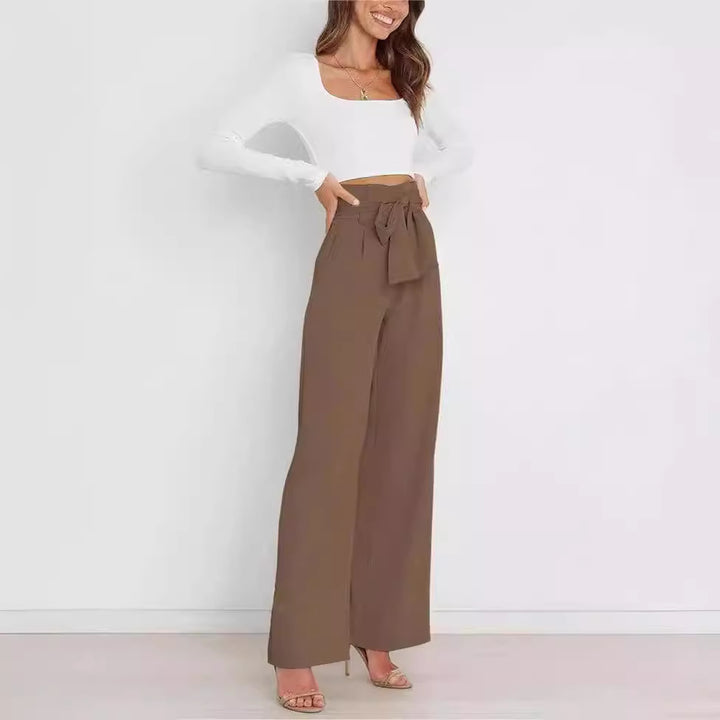 Women Wide Leg Pants with Decorative Tying Belt Lune London