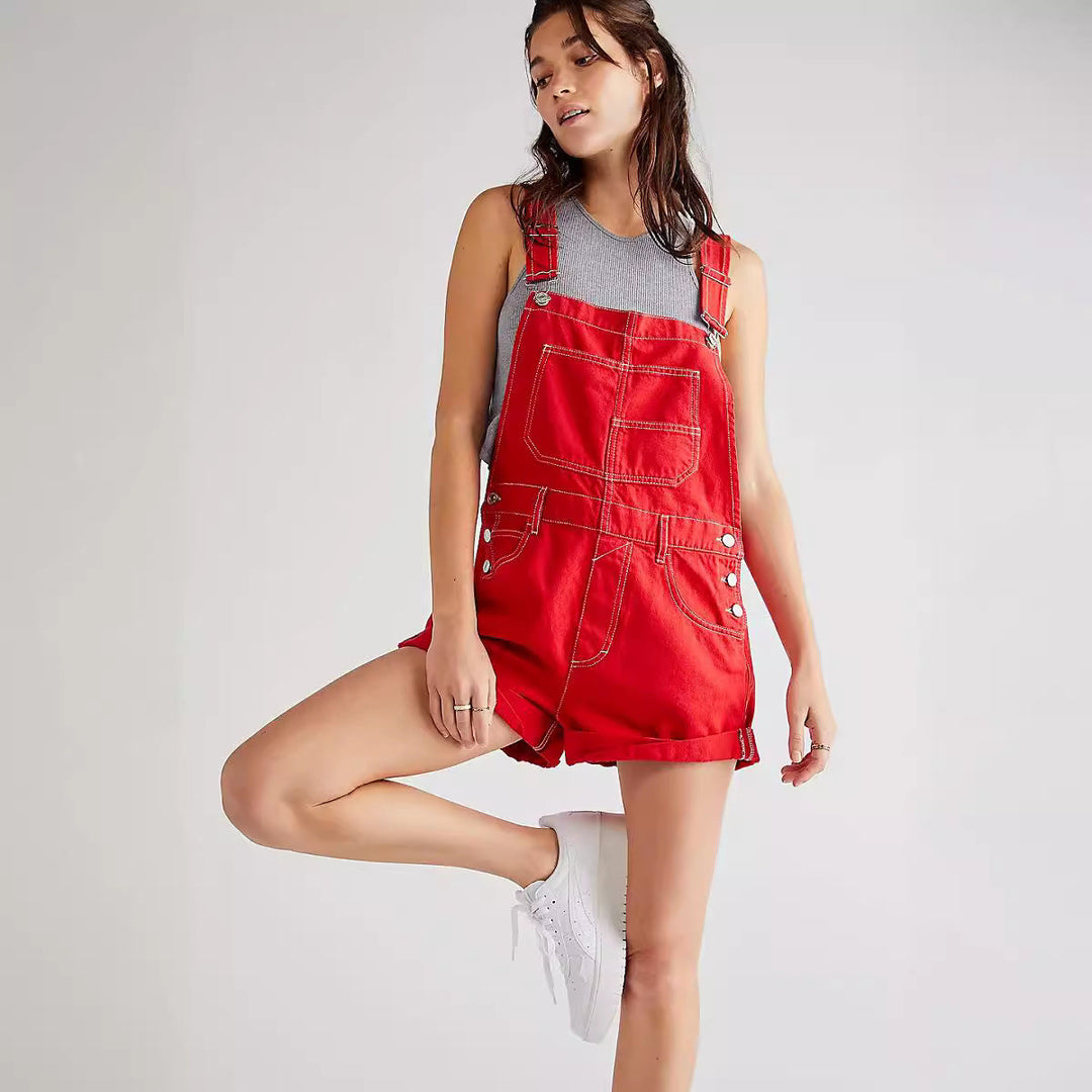 Women's Casual Denim Overalls Shorts with Functional Pockets and Adjustable Straps Lune London