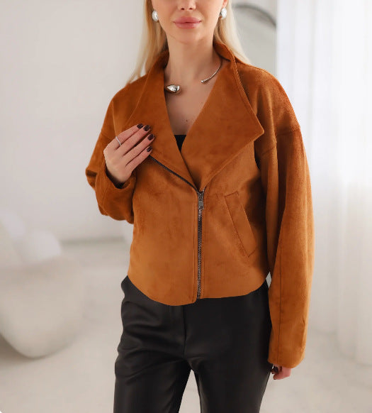 Trendy Brand Leather Jacket for Women with Open Collar and Practical Side Pockets Lune London