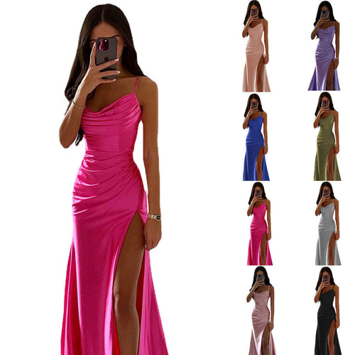 Lune London | Lace-up Pleats Slit Satin Slim Fit Bodycon Dress