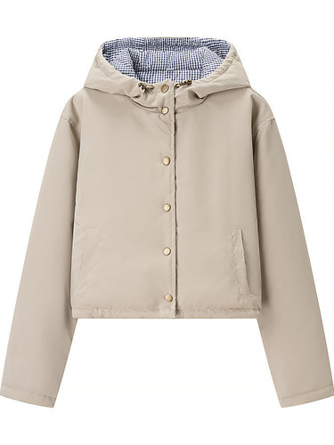 Stylish transition jacket for women with hood and snap button closure Lune London