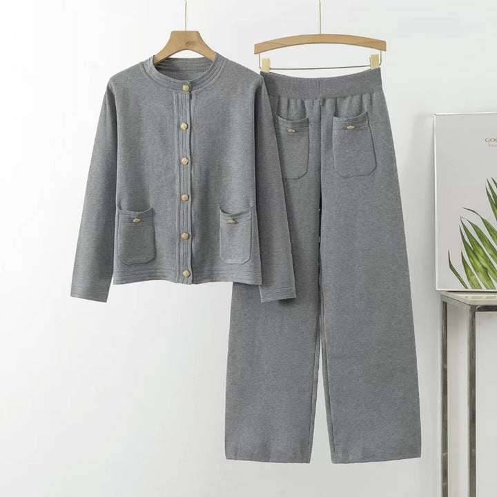 Comfortable knitted loungewear set for women with button details and patch pockets Lune London