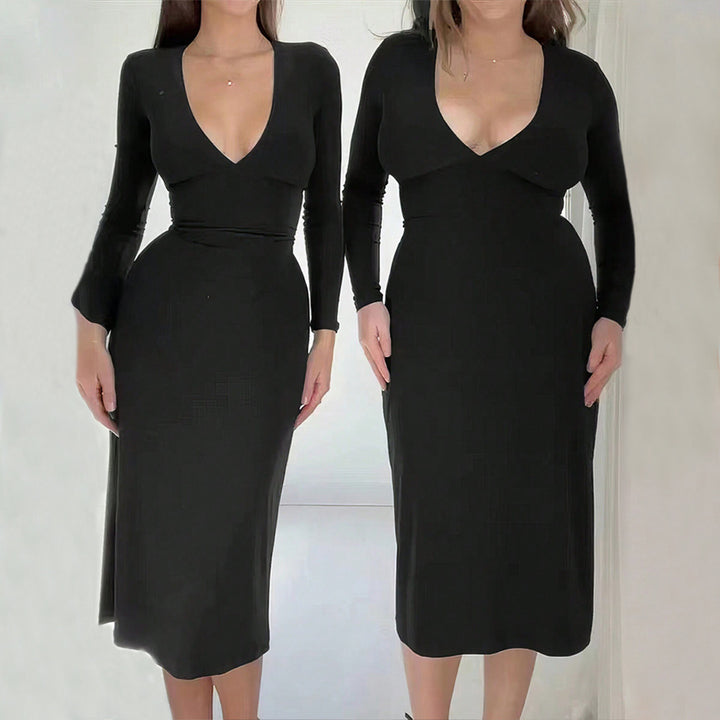 Elegant midi dress for women with deep V-neckline and long sleeves Chic & Stil