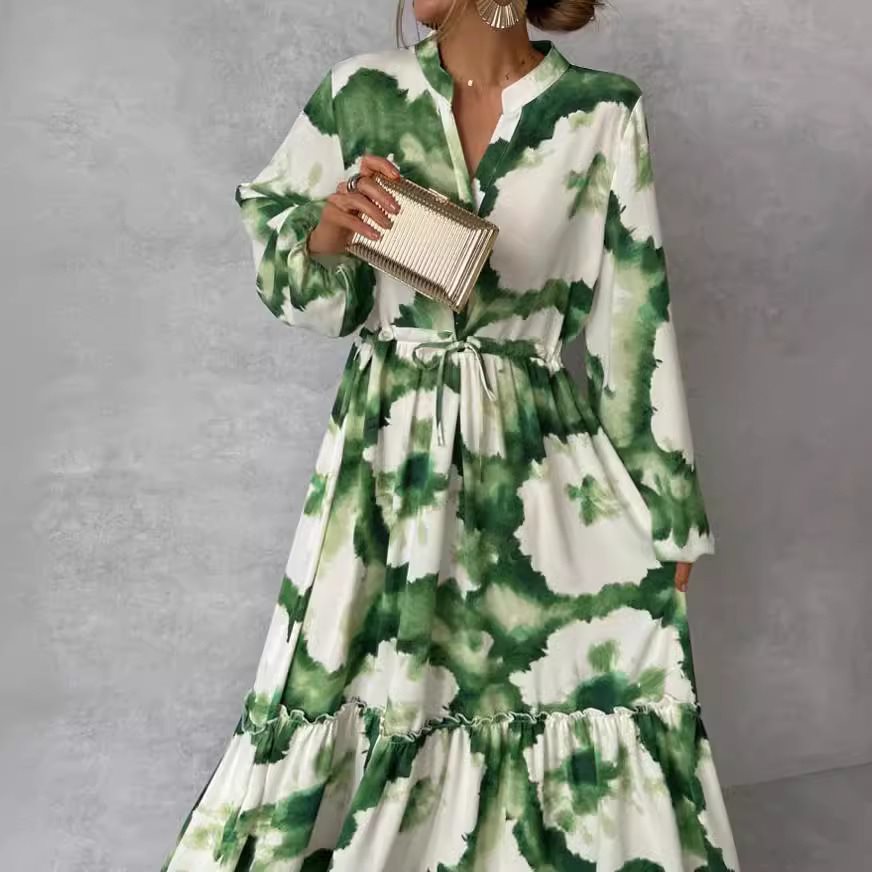 Maxi dress for women with a modern watercolor pattern and a voluminous skirt Lune London