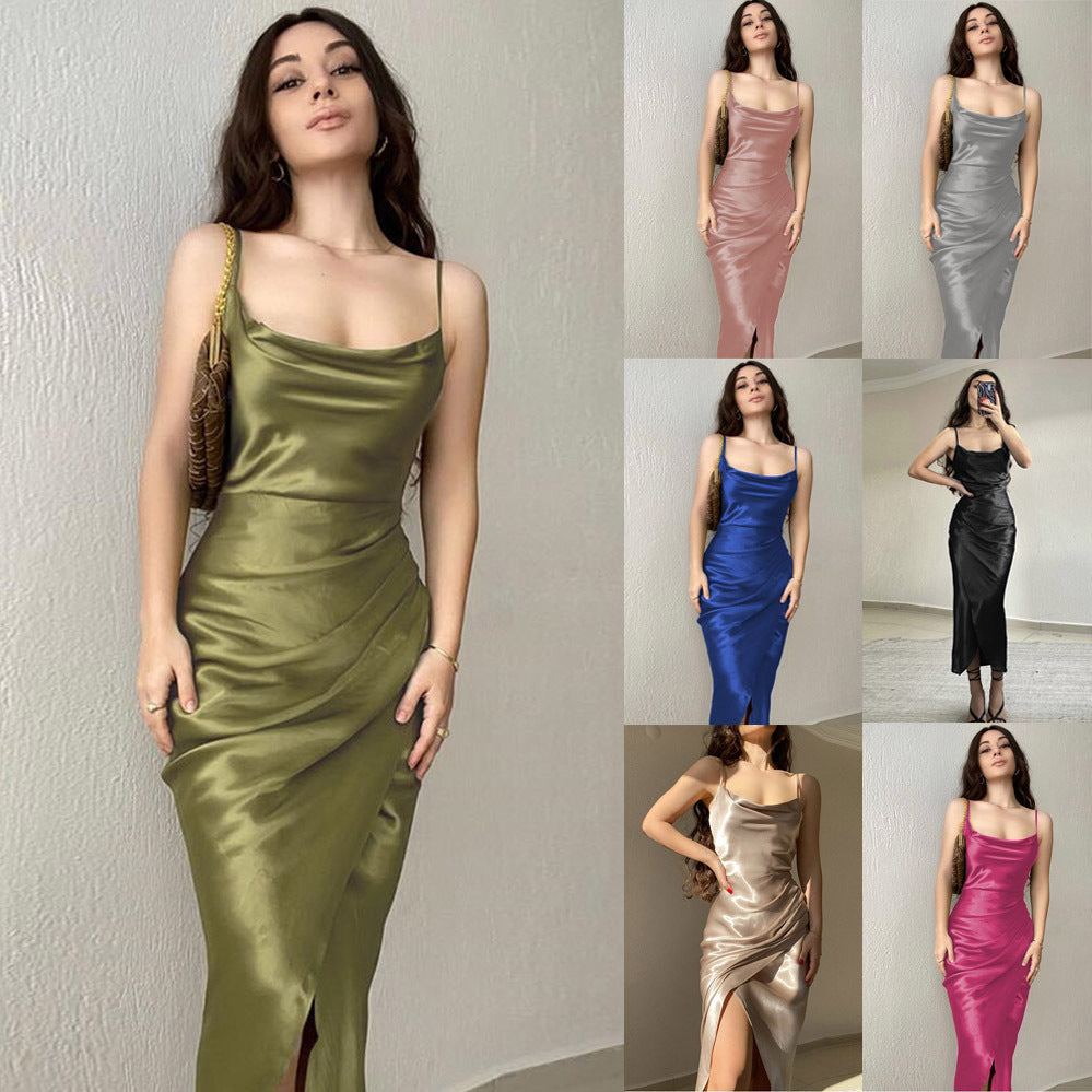 Elegant Maxi Dress for Women with Refined Draped Cut and Chic Thin Spaghetti Straps