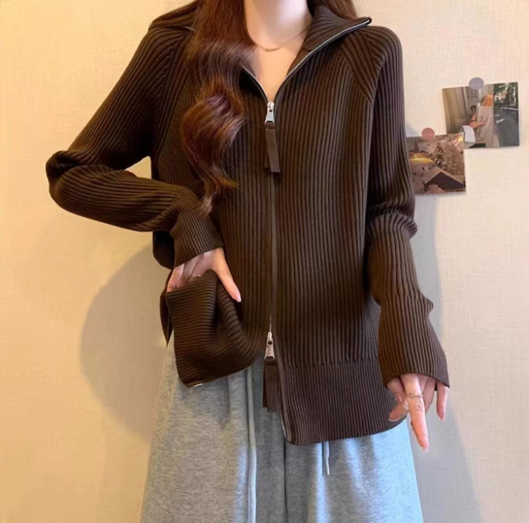 Knitted jacket for women with high collar and zipper Lune London