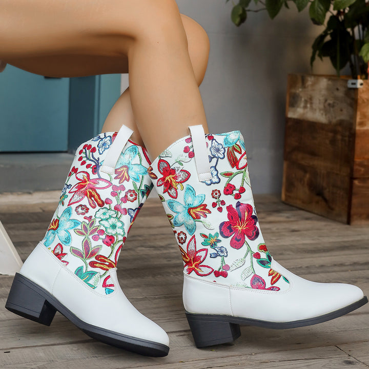 Women's cowboy boots with embroidered floral pattern and comfortable block heel Lune London
