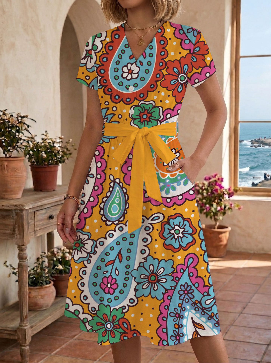 Women's casual maxi dress with adjustable knot and decorative check pattern Lune London