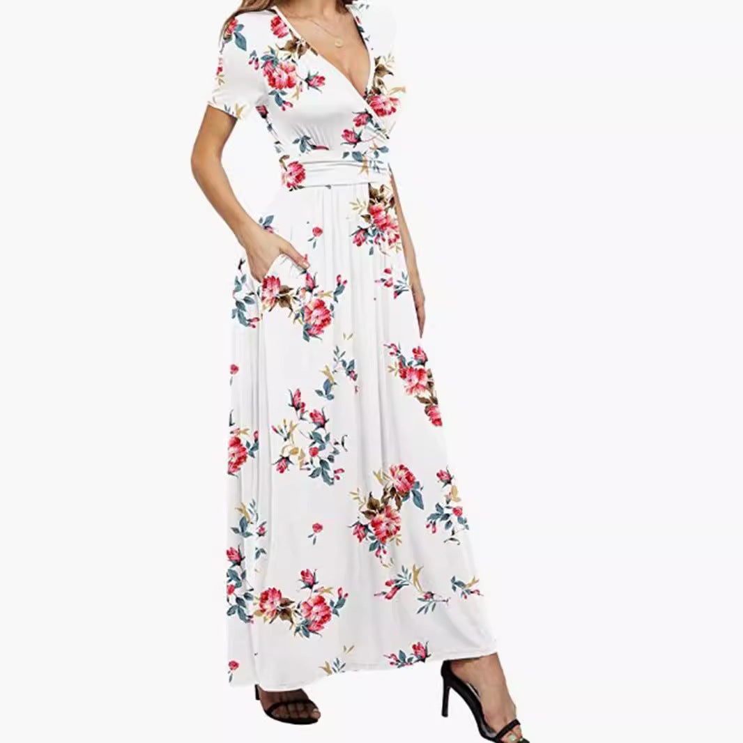 Maxi dress for women with deep V-neck and floral design Lune London
