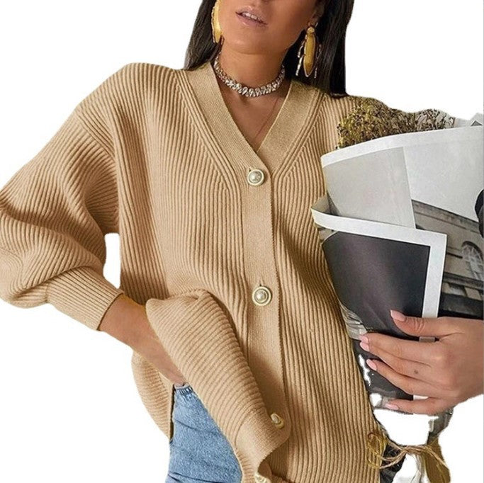 Women oversized cardigan with deep V-neck and elegant buttons Lune London