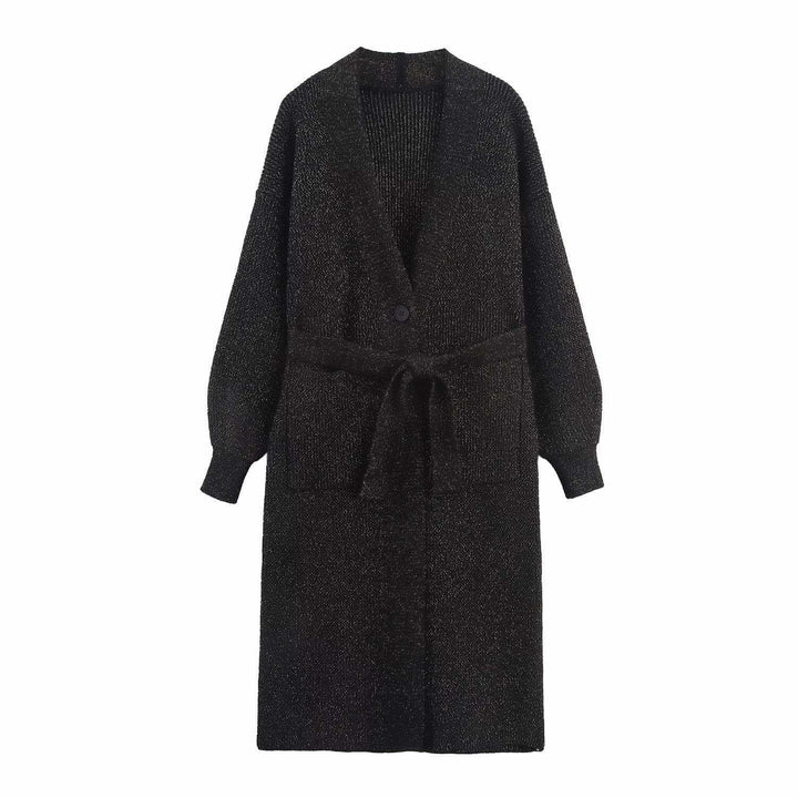 Ladies long knitted cardigan with waist belt Lune London