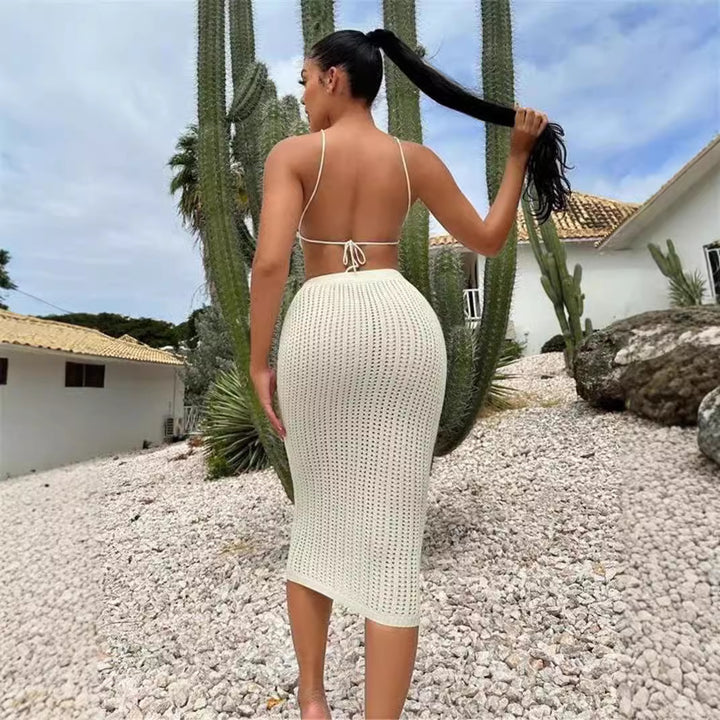 Knit top for women with plunging neckline and elastic midi skirt Lune London