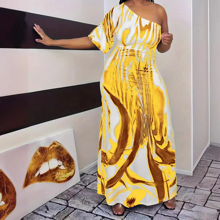 Maxi dress for women with asymmetrical cut and elegant pattern Lune London