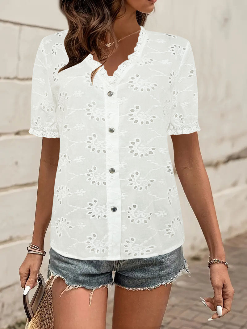 Light blouse for ladies with artistic perforated patterns and button details Lune London