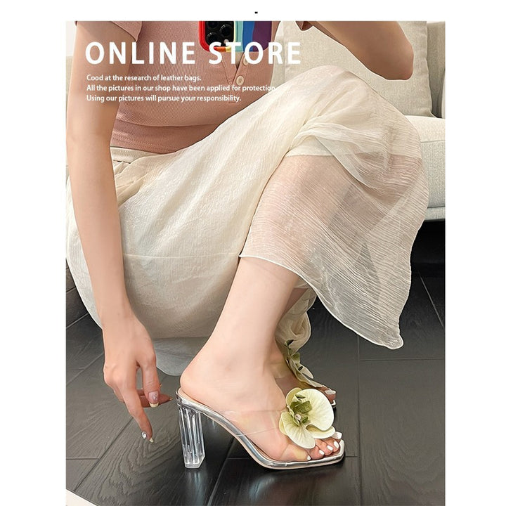 Women transparent Mules with elegant floral decoration and high heel Lune London