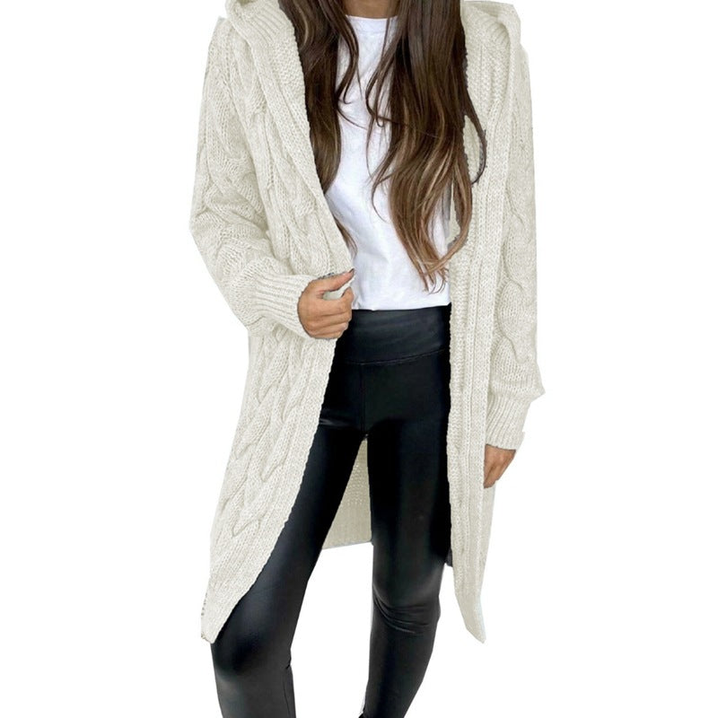 Ladies chunky knit coat with hood and braided design Lune London